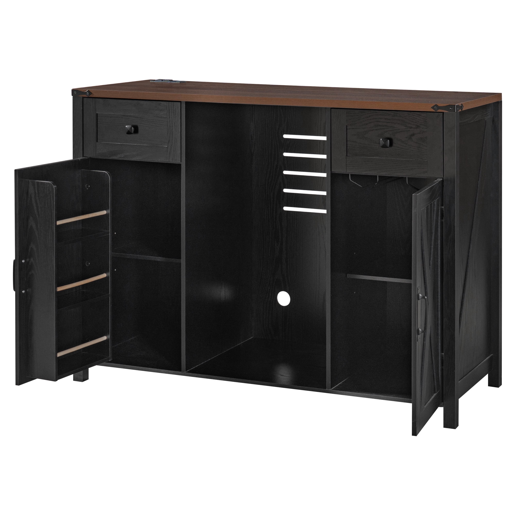 Homy Casa 53.2 in Bar Cabinet with Mini Fridge Space, Wine Glass Rack, Drawers and Power Outlet Black
