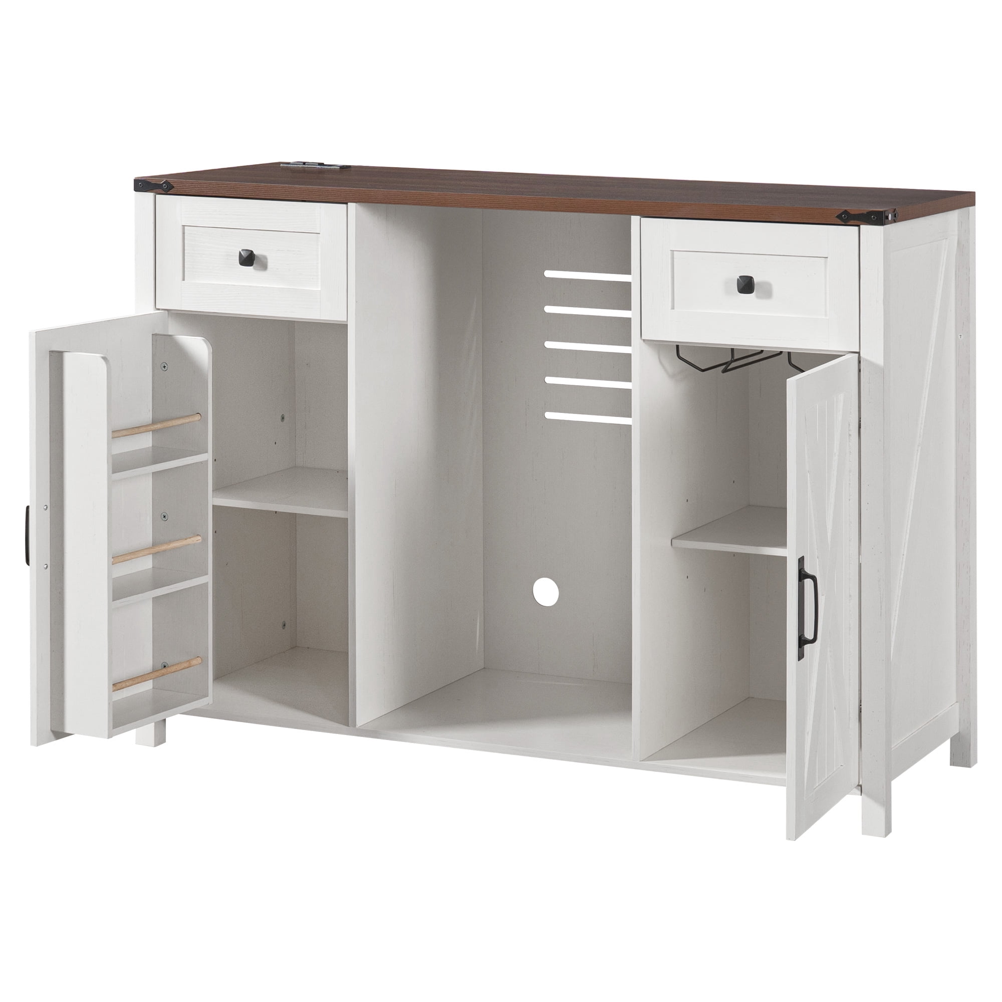 Homy Casa 53.2 in Farmhouse Coffee Bar Cabinet with Mini Fridge Space, Power Outlet and Storage White