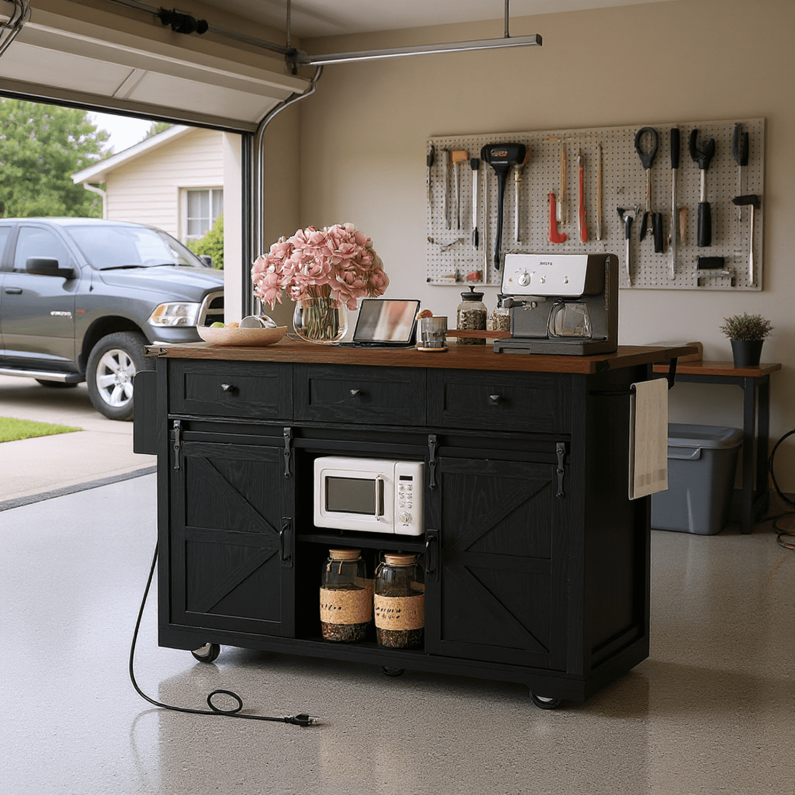 Homy Casa 53.8" Black Garage Storage Cabinet with Sliding Barn Doors, Power Outlets, Adjustable Shelves