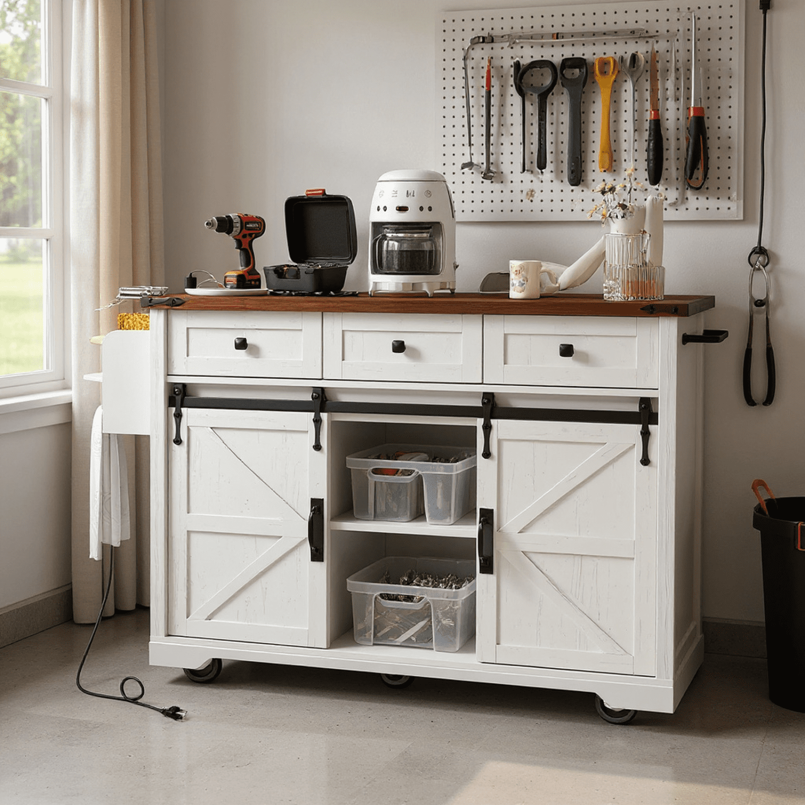 Homy Casa 53.8" Garage Storage Cabinet with Sliding Barn Doors, Power Outlets & Adjustable Shelves, White