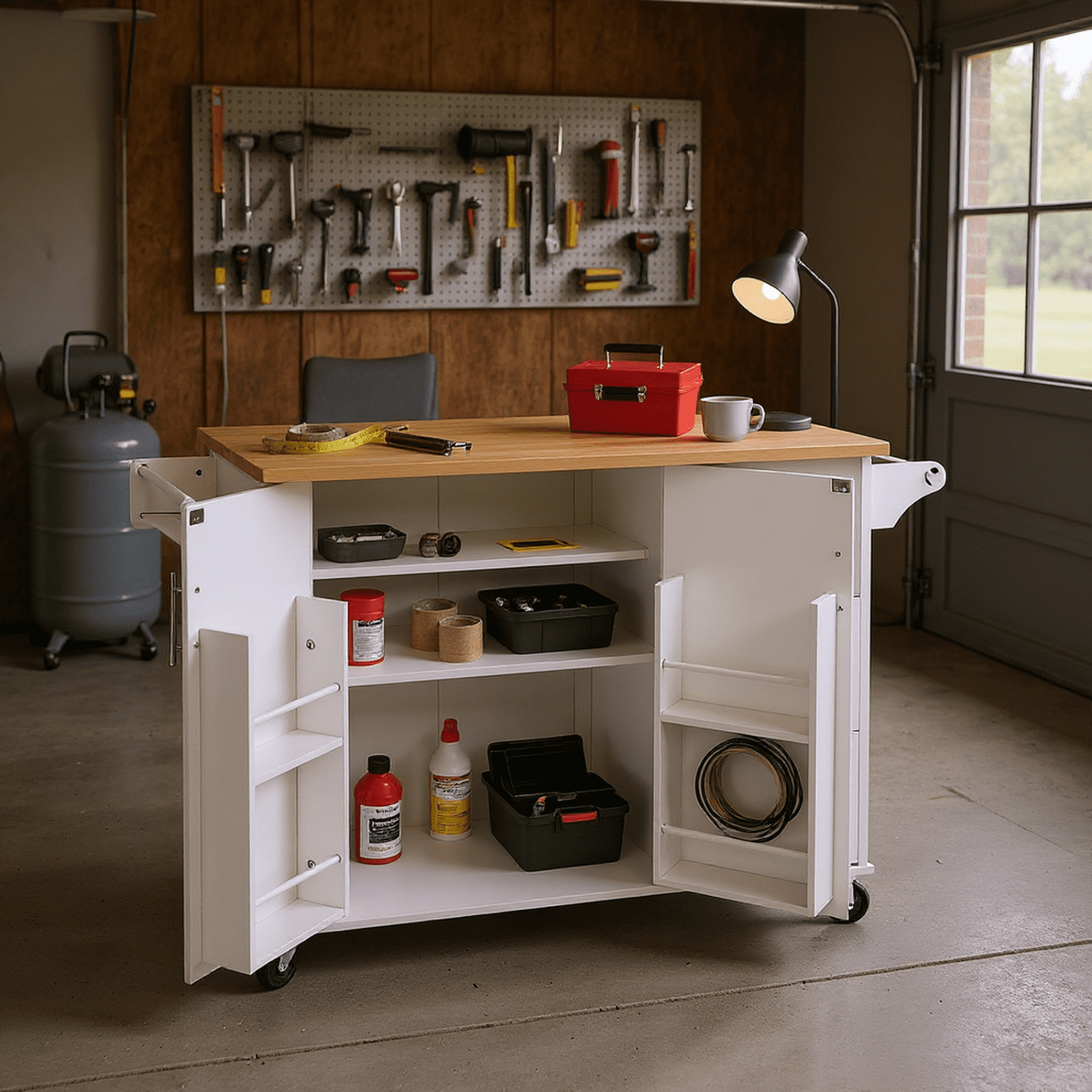Homy Casa 53.8" Rolling Garage Storage Cabinet with Drawers, Shelves, and Locking Wheels, White