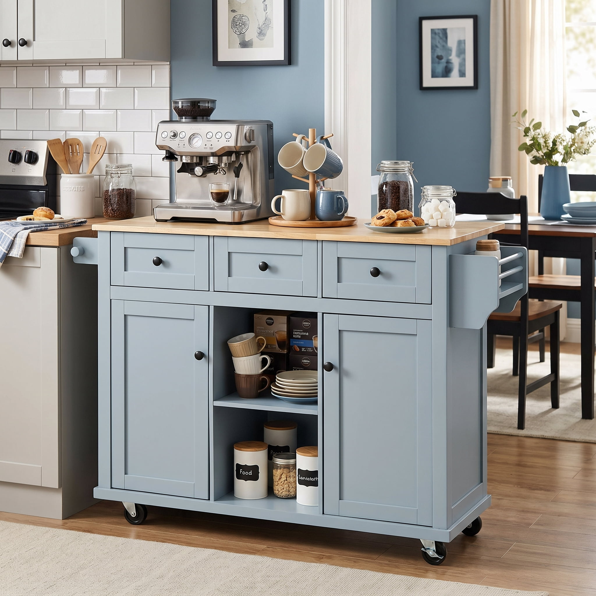 Homy Casa 53" Farmhouse Kitchen Island with Drop Leaf, Drawers, Wheels & Towel Rack, Blue