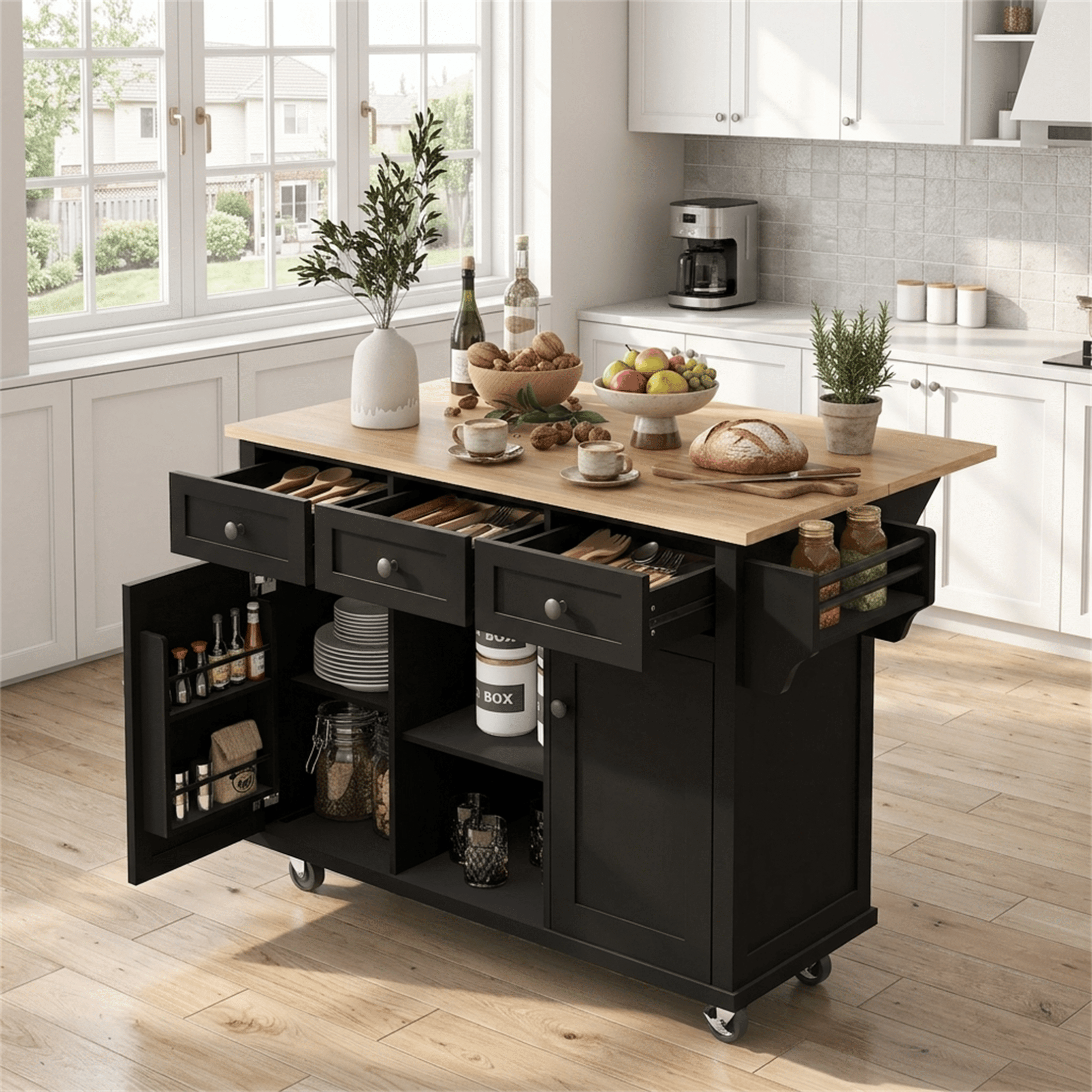 Homy Casa 53-inch Rolling Kitchen Island Cart with Drop Leaf, Storage Cabinet and Spice Rack, Black