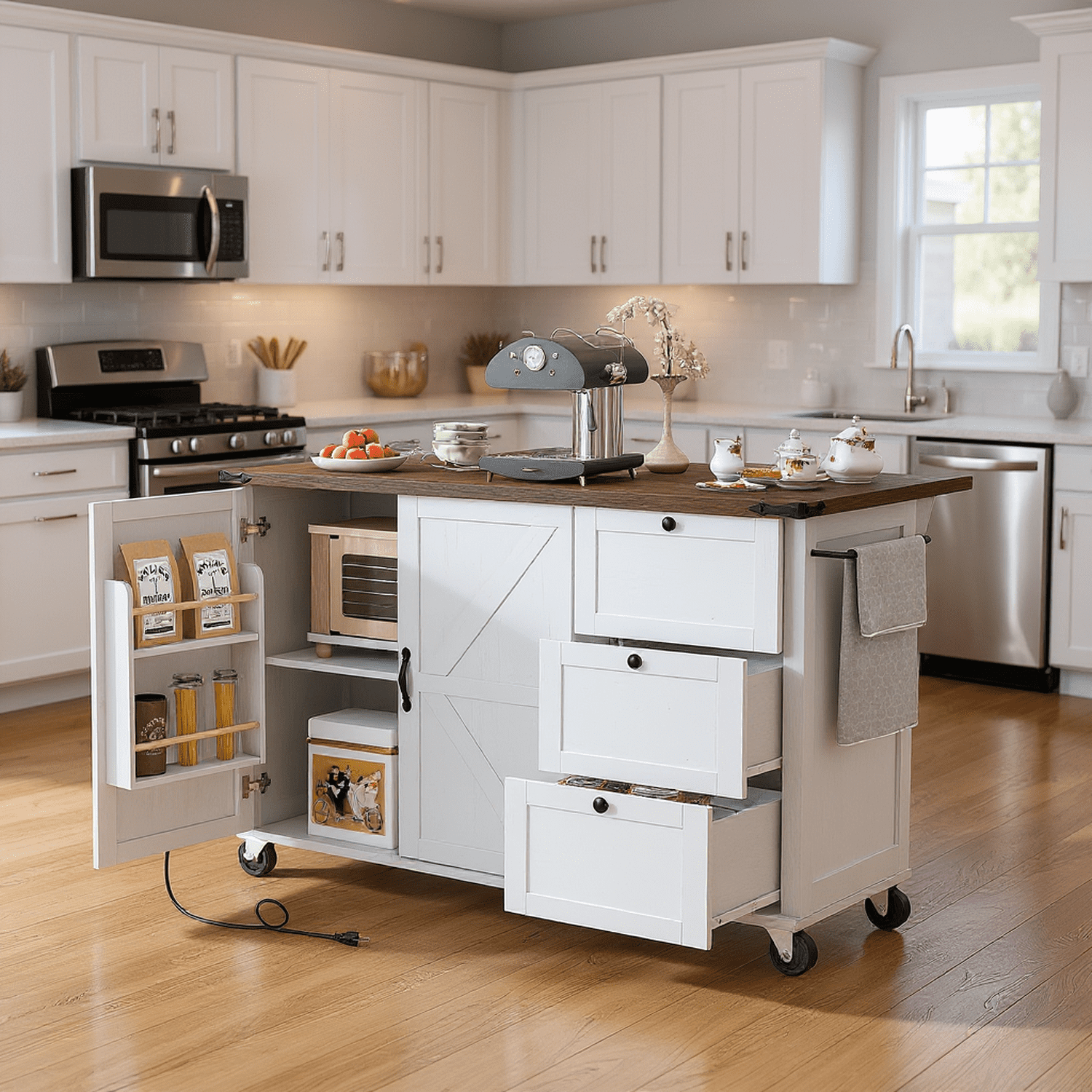 Homy Casa 54.5" Farmhouse Kitchen Island with Drop Leaf, Power Outlets, Barn Doors, 3 Drawers