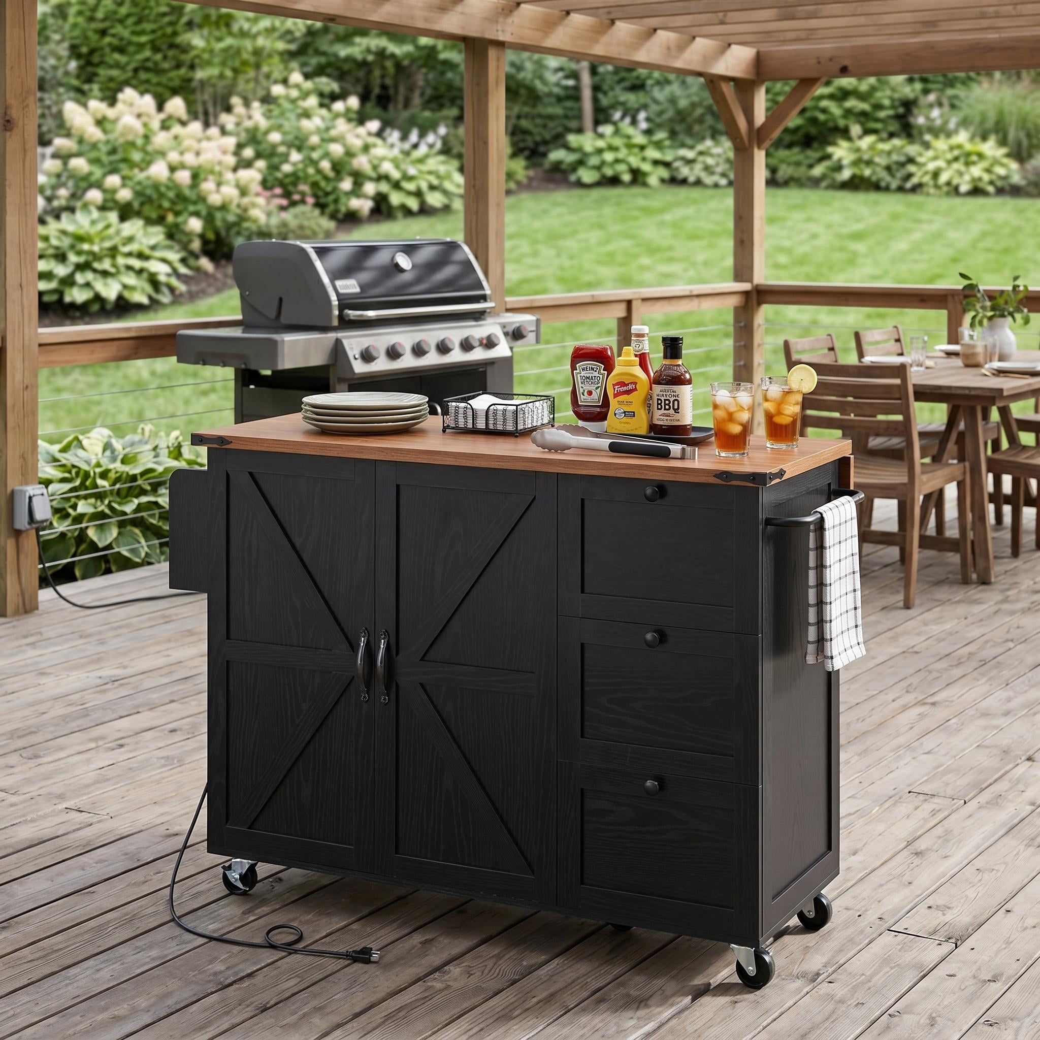 Homy Casa 54.5" Farmhouse Kitchen Island with Drop Leaf, Power Outlets, Barn Doors, 3 Drawers