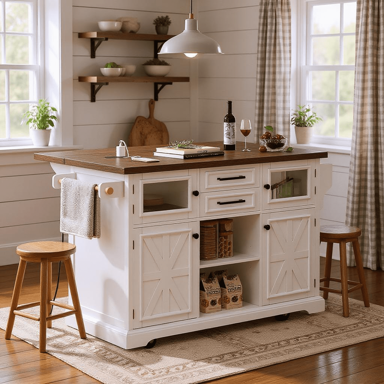 Homy Casa 54.9" Farmhouse Kitchen Island with Drop Leaf, Storage Cabinet, Drawers and Shelves, White