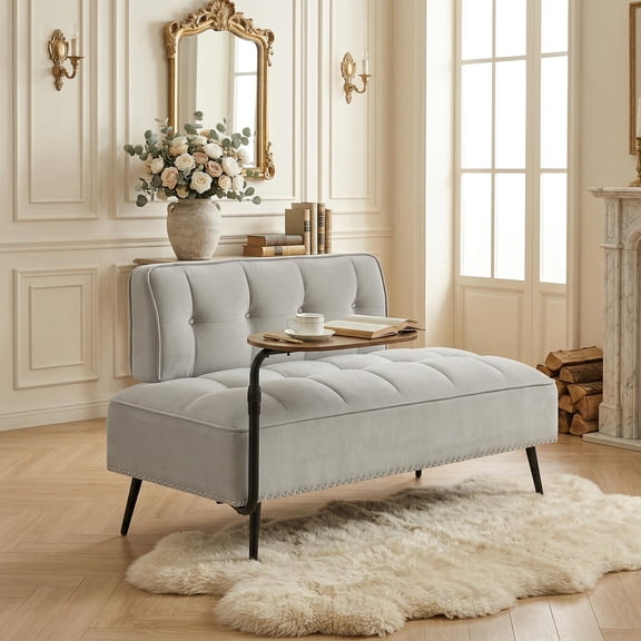 Homy Casa 54-Inch Modern Two-Seater Velvet Sofa with Backrest & 360 Rotating Side Table  Space-Saving Entryway Ottoman, Multi-Use Bench for Living Room, Bedroom, Apartment, Grey