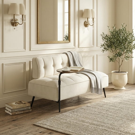 Homy Casa 54-Inch Modern Two-Seater Velvet Sofa with Backrest & 360 Rotating Side Table  Space-Saving Entryway Ottoman, Multi-Use Bench for Living Room, Bedroom, Apartment, Beige