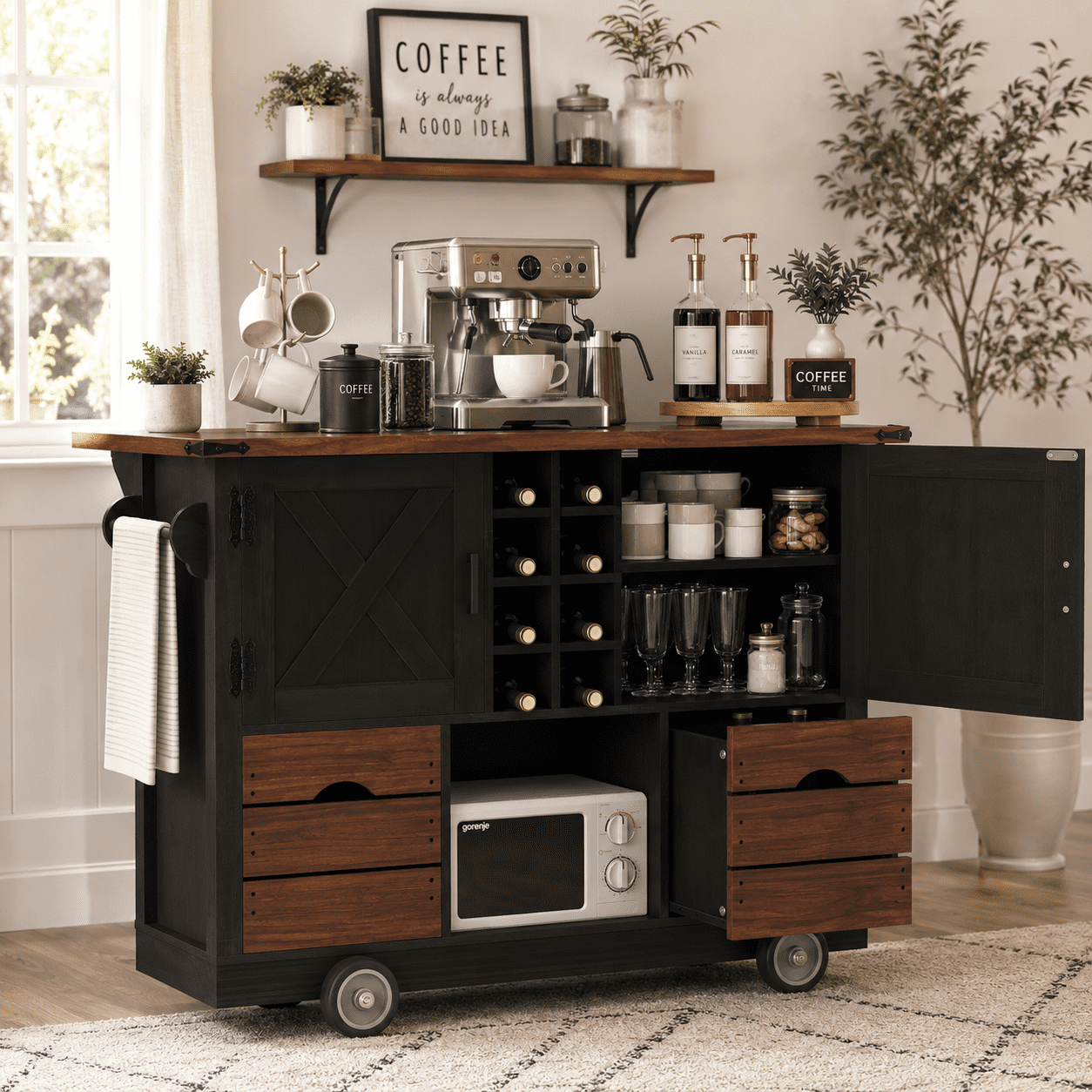 Homy Casa Farmhouse Rolling Kitchen Island Cart with Drop Leaf and Wine Rack
