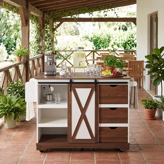 Homy Casa 55.5" Farmhouse Kitchen Island with Drop Leaf, Power Outlets, 3 Drawers, Shelves & Spice Rack