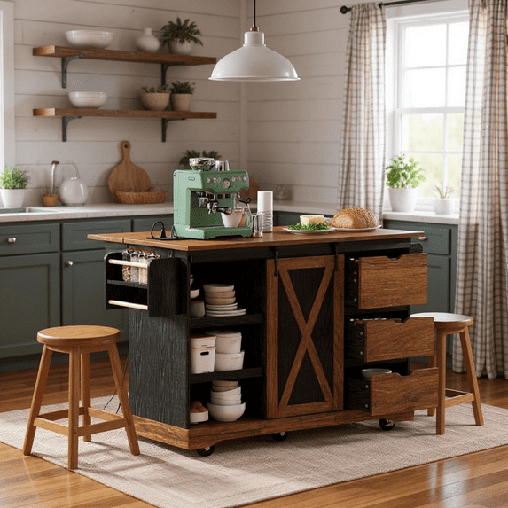 Homy Casa 55.5" Farmhouse Kitchen Island with Drop Leaf, Power Outlets, 3 Drawers, Shelves & Spice Rack