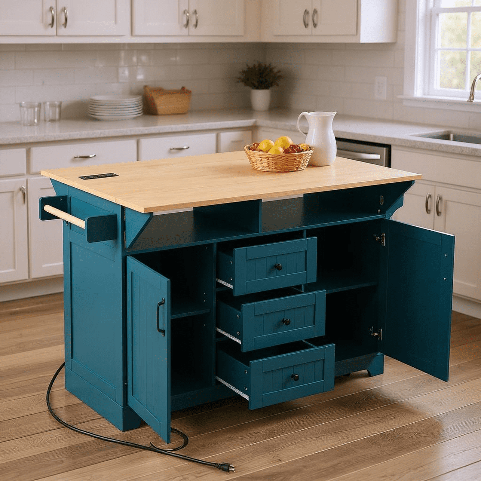 Homy Casa 55.7" Dual Folding Kitchen Island with Drop Leaves, Power Outlets, Storage Shelves ...