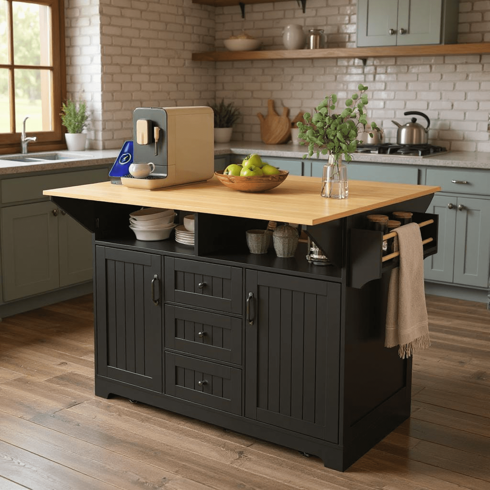 Homy Casa 55.7" Folding Kitchen Island with Power Outlet, Dual Drop Leaves and Storage Drawers