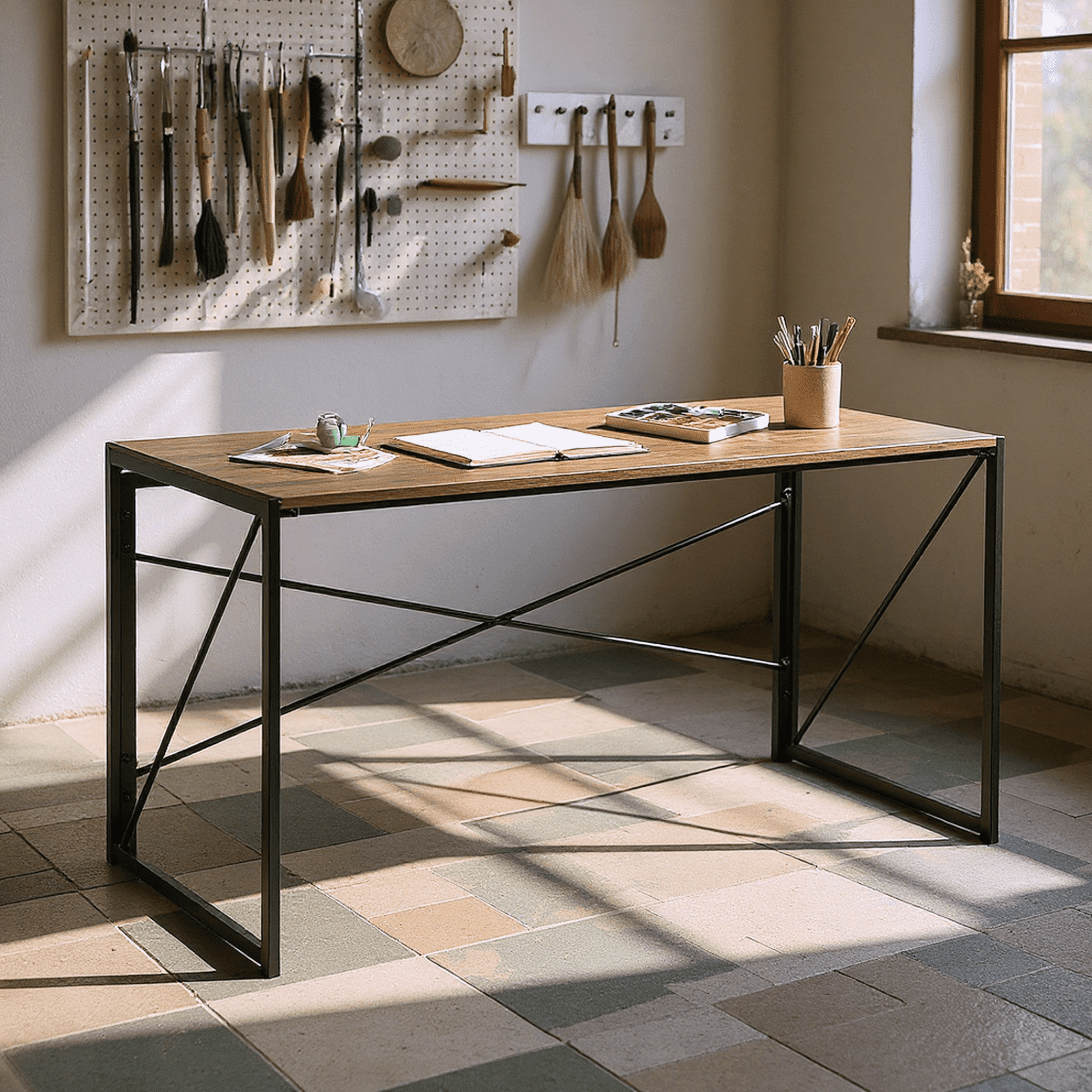 Homy Casa 55″ Folding Craft and Work Table, Industrial Wood Desk for Home Office, Sewing, DIY, Brown