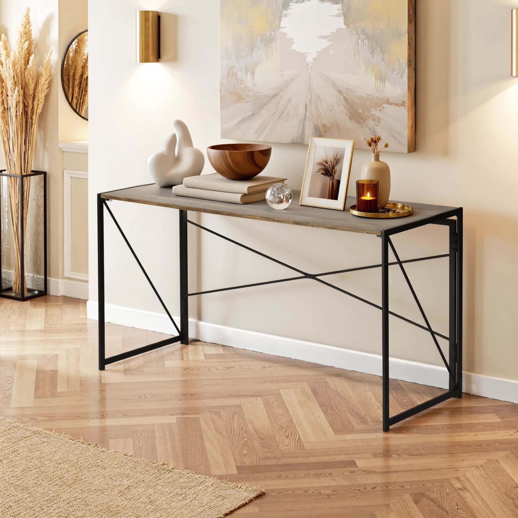 Homy Casa 55" Folding Table, Extra Long Desk with Dark Walnut Top and Black Metal Frame for Study or Work