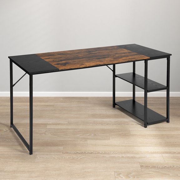 Homy Casa 55Inch Rustic Student Laptop Writing Storage Shelves Space Saving for Home Office, Simple PC Metal Frame Computer Desk, Black& Brown