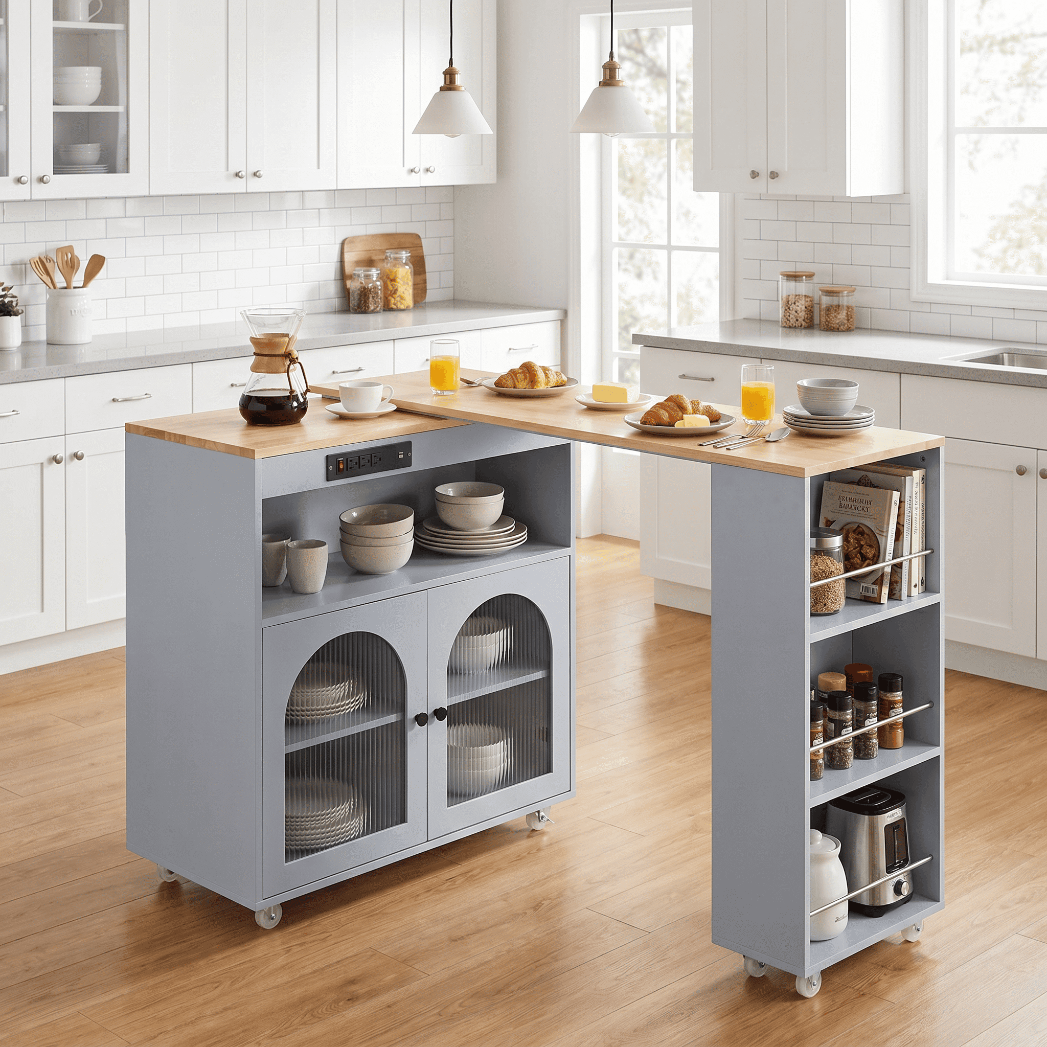 Homy Casa 56" Portable Rolling Kitchen Island Cart with Power Outlet, LED Storage and Extendable Table, Gray Blue