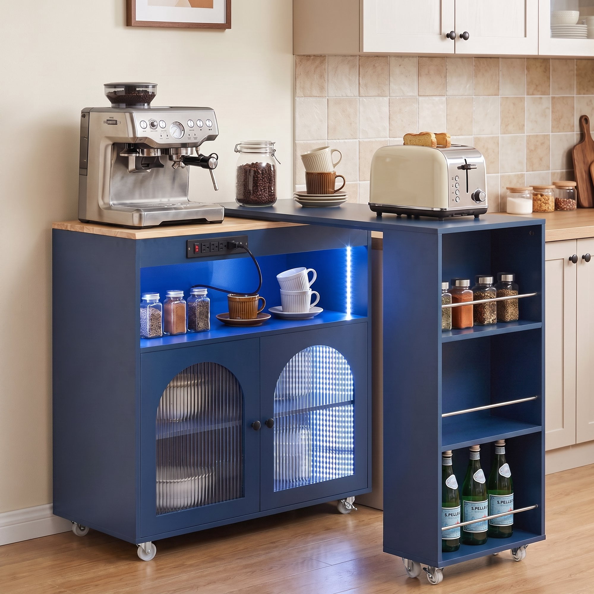 Homy Casa 56.3" Rolling Kitchen Island with Extendable Table, Storage, Outlets and LED Navy Blue