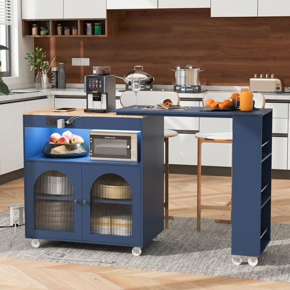 Homy Casa 56" Navy Blue Rolling Kitchen Island with Storage, Extendable Counter, LED Lights and Outlets