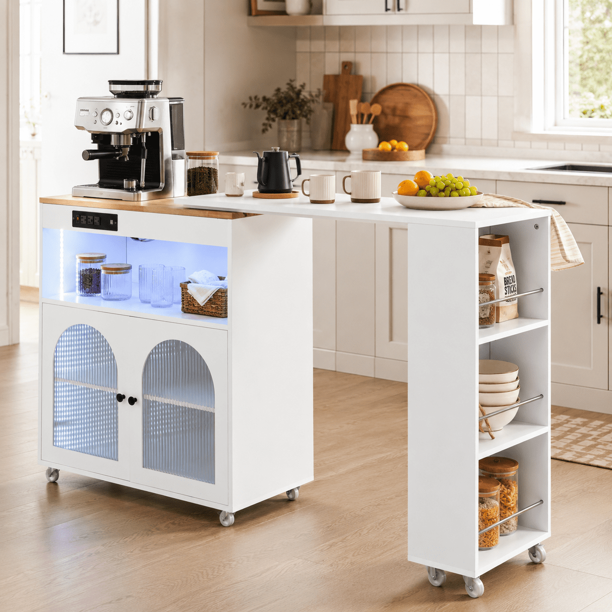 Homy Casa 56" White Rolling Kitchen Island with Power Outlets, LED Storage Cabinet and Extension Top