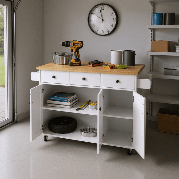 Homy Casa 56" Rolling Garage Storage Cabinet with Drawers, Doors & Wood Top, Mobile Tool Organizer Workbench