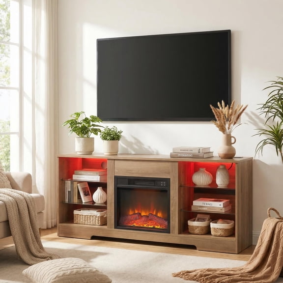 Homy Casa 58 Inch Electric Fireplace TV Stand for 65 Inch TV with Storage Cabinets, LED Flame and Power Outlets