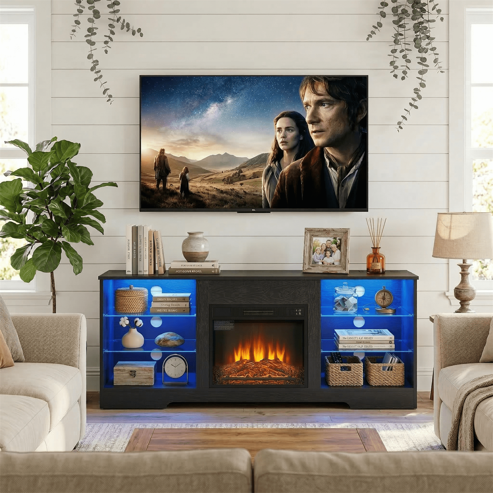 Homy Casa 58 Inch Electric Fireplace TV Stand for 65 Inch TV with Storage Cabinets, LED Flame and Power Outlets