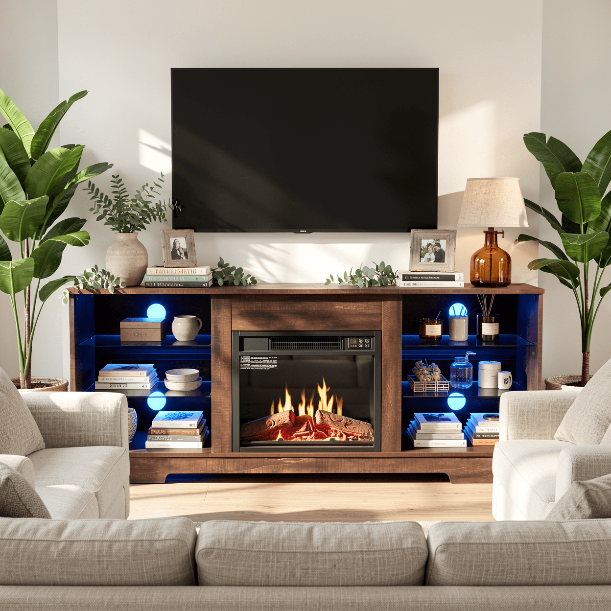 Homy Casa 58 Inch Electric Fireplace TV Stand for 65 Inch TV with Storage Cabinets, LED Flame and Power Outlets