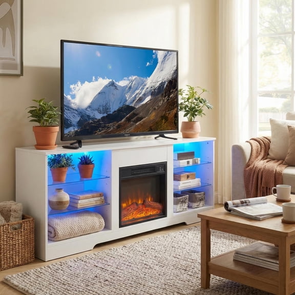 Homy Casa 58 Inch Electric Fireplace TV Stand for 65 Inch TV with Storage Cabinets, LED Flame and Power Outlets