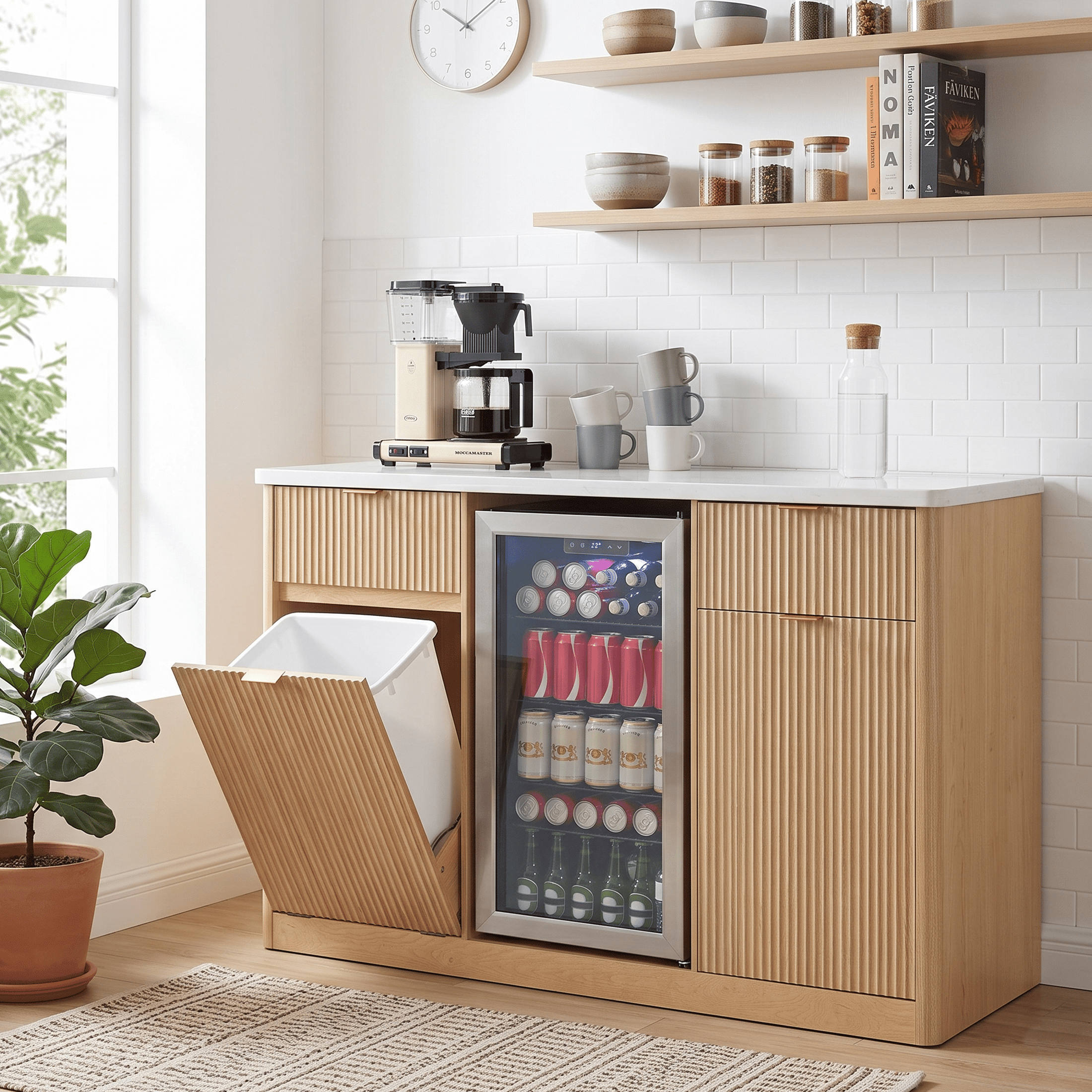 Homy Casa 59-Inch Fluted Kitchen Island with Fridge Space, Trash Cabinet and Power Outlet, Natural Oak