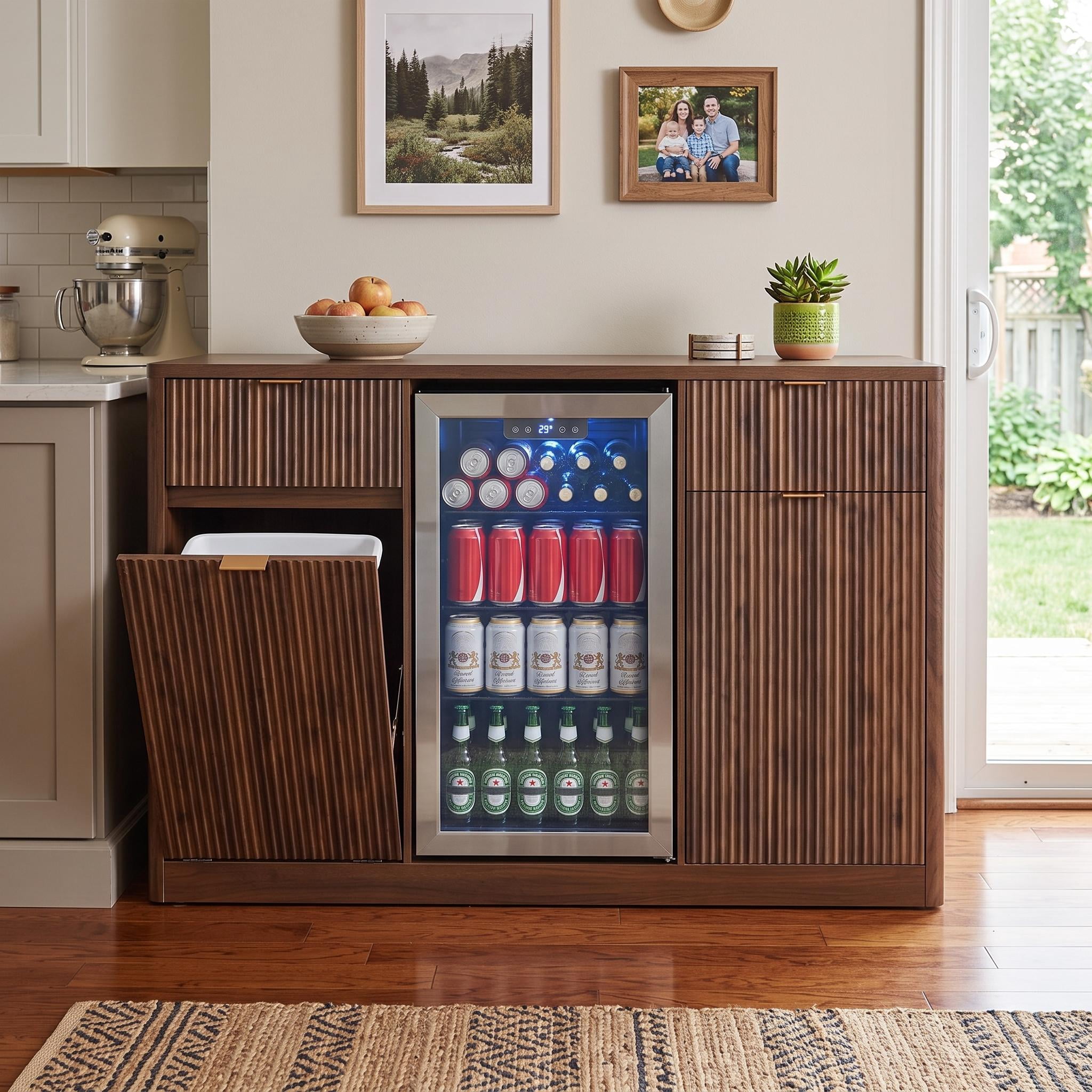 Homy Casa 59" Fluted Kitchen Island with Mini Fridge Space, Trash Cabinet and Outlet, Dark Walnut
