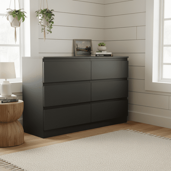 Homy Casa 6 Drawer Black Accent Cabinet, Push to Open Dresser for Bedroom Living Room