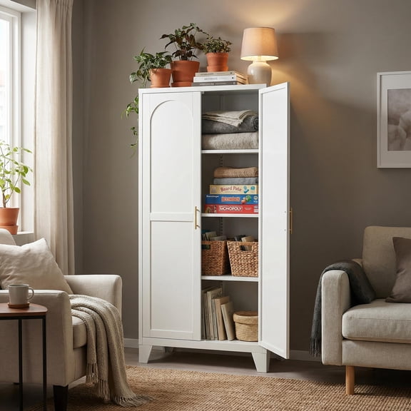 Homy Casa 60.8" White Tall Storage Cabinet with 4 Adjustable Shelves for Kitchen, Pantry Cupboard