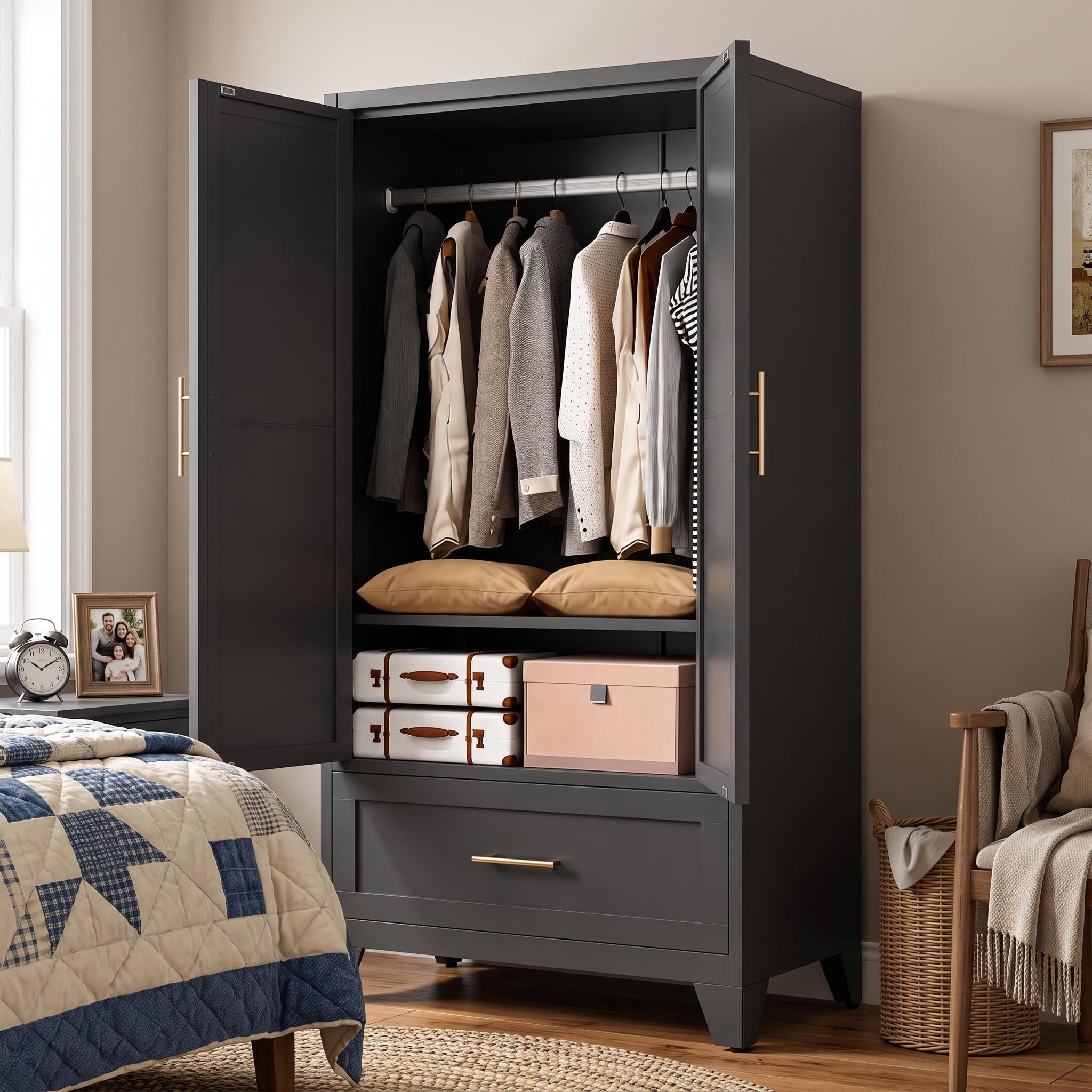 Homy Casa 60" Black Freestanding Armoire Wardrobe Closet with Doors, Drawer for Bedroom,Apartment Living