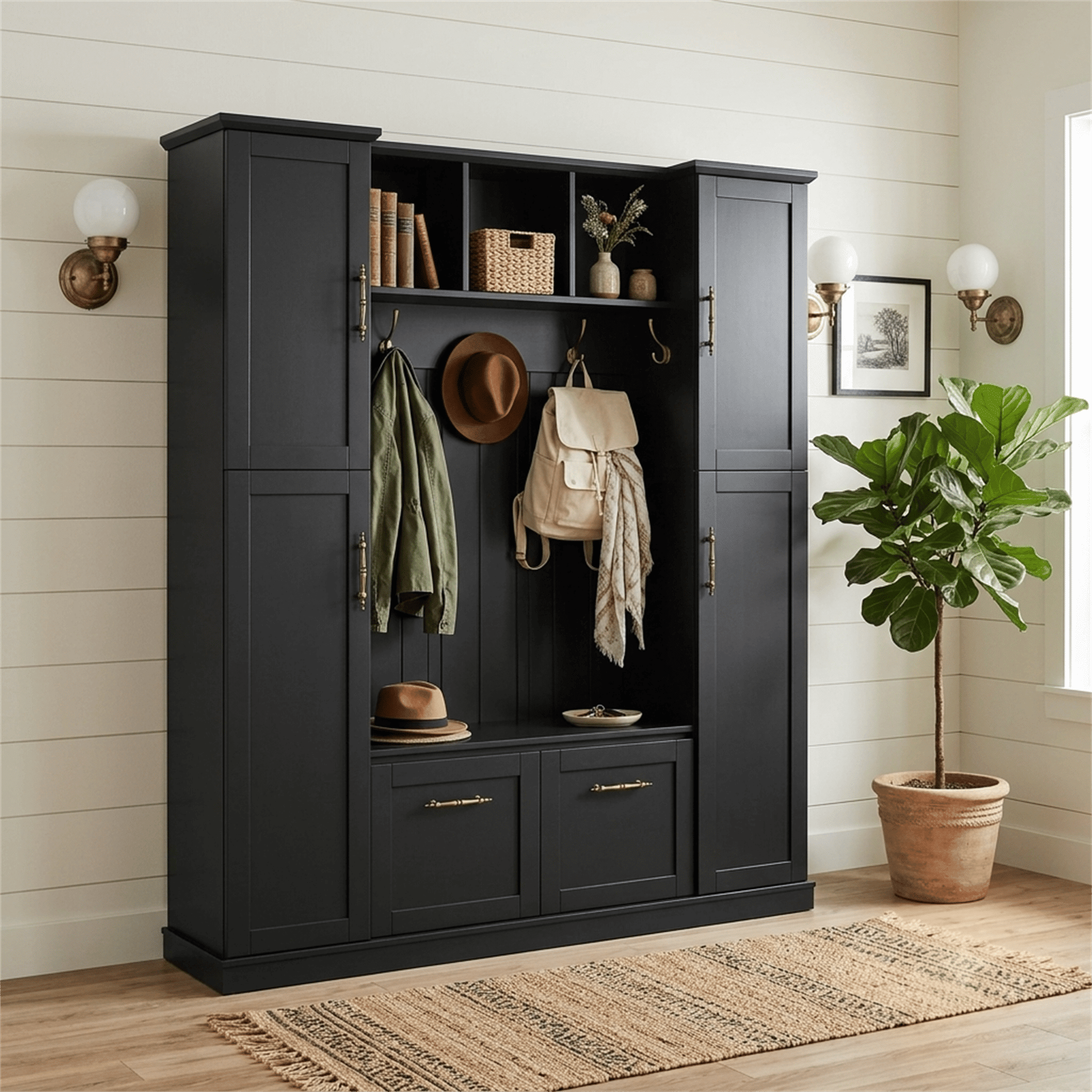 Homy Casa 60" Entryway Hall Tree with Built-in Bench, 5 Hooks, Cubbies & Drawers, Black