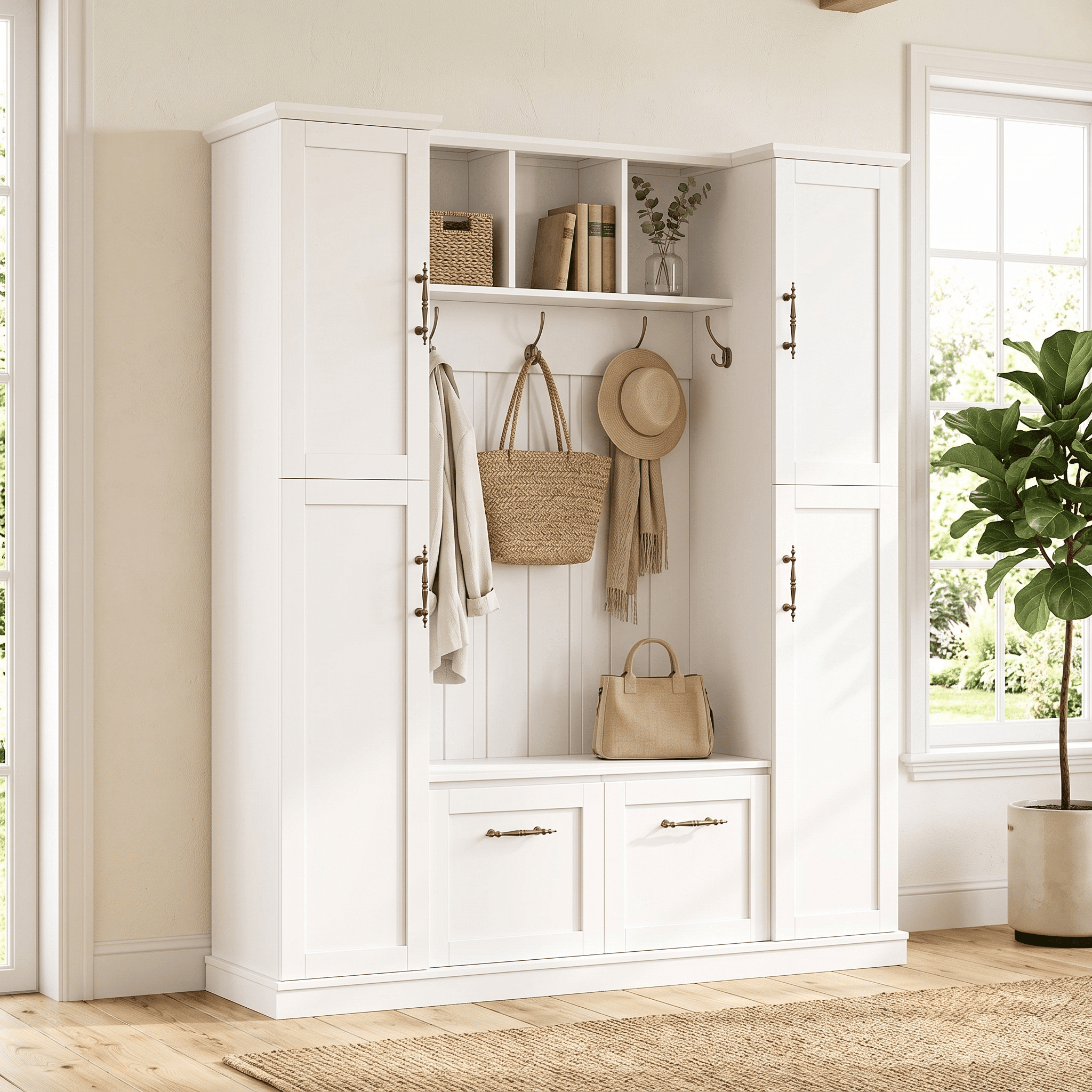 Homy Casa 60" Farmhouse Hall Tree with Built-in Bench, Coat Rack, 5 Hooks & Cabinets, White