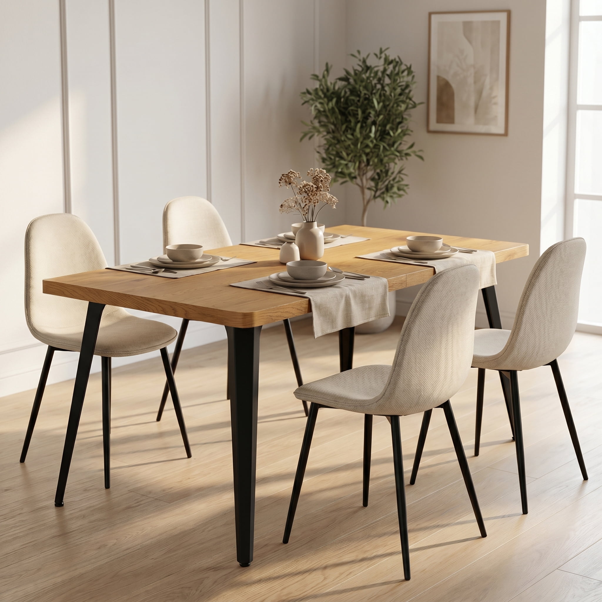 Homy Casa 63" Natural Rectangular Dining Table for 4-6 with Black Metal Legs