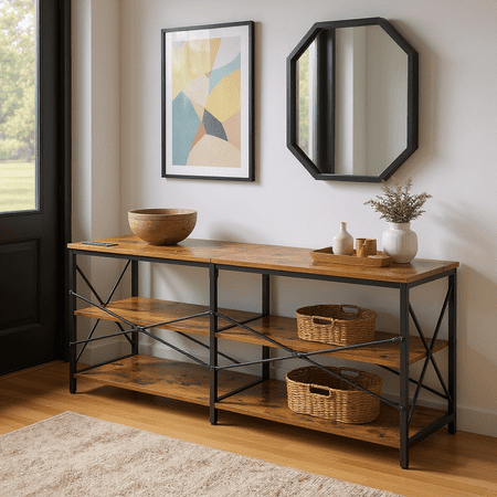 Homy Casa 63" Industrial Console Table with Charging Station, 3-Tier Entryway Table, Rustic Brown