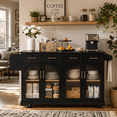 thumbnail image 1 of Homy Casa 65.2" Kitchen Island with Storage, Drop Leaf, Power Outlet and Arched Glass Doors, Black, 1 of 11