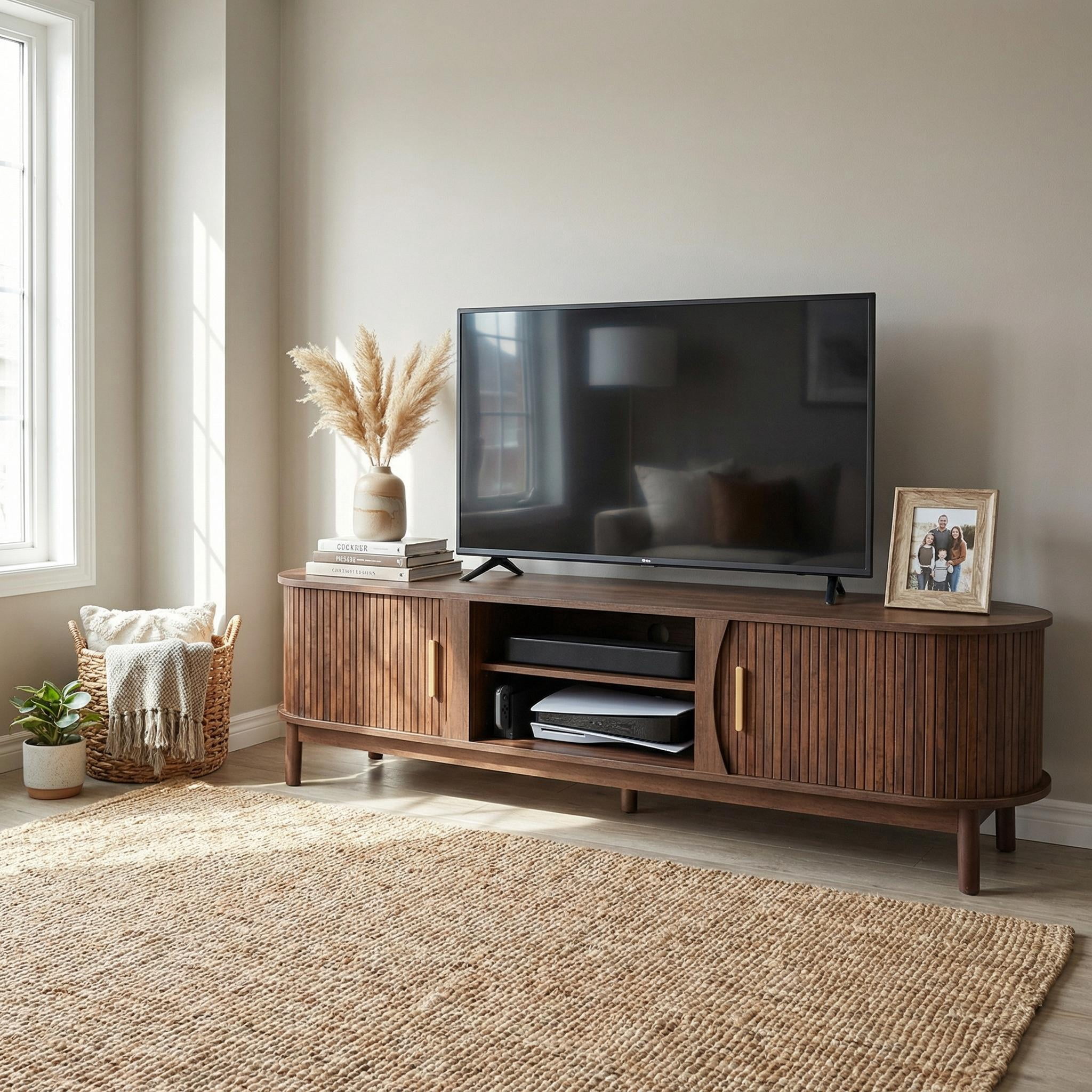 Homy Casa 66.9 in Farmhouse TV Stand for TVs up to 75 in with Sliding Doors and Storage Cabinet