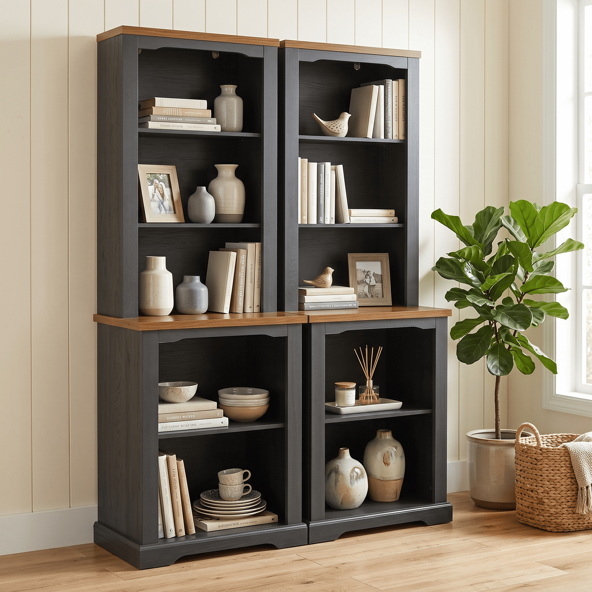 Homy Casa 66 Inch 2 Piece Storage Cabinet Set with Open Shelves and Walnut Top for Living Room Black