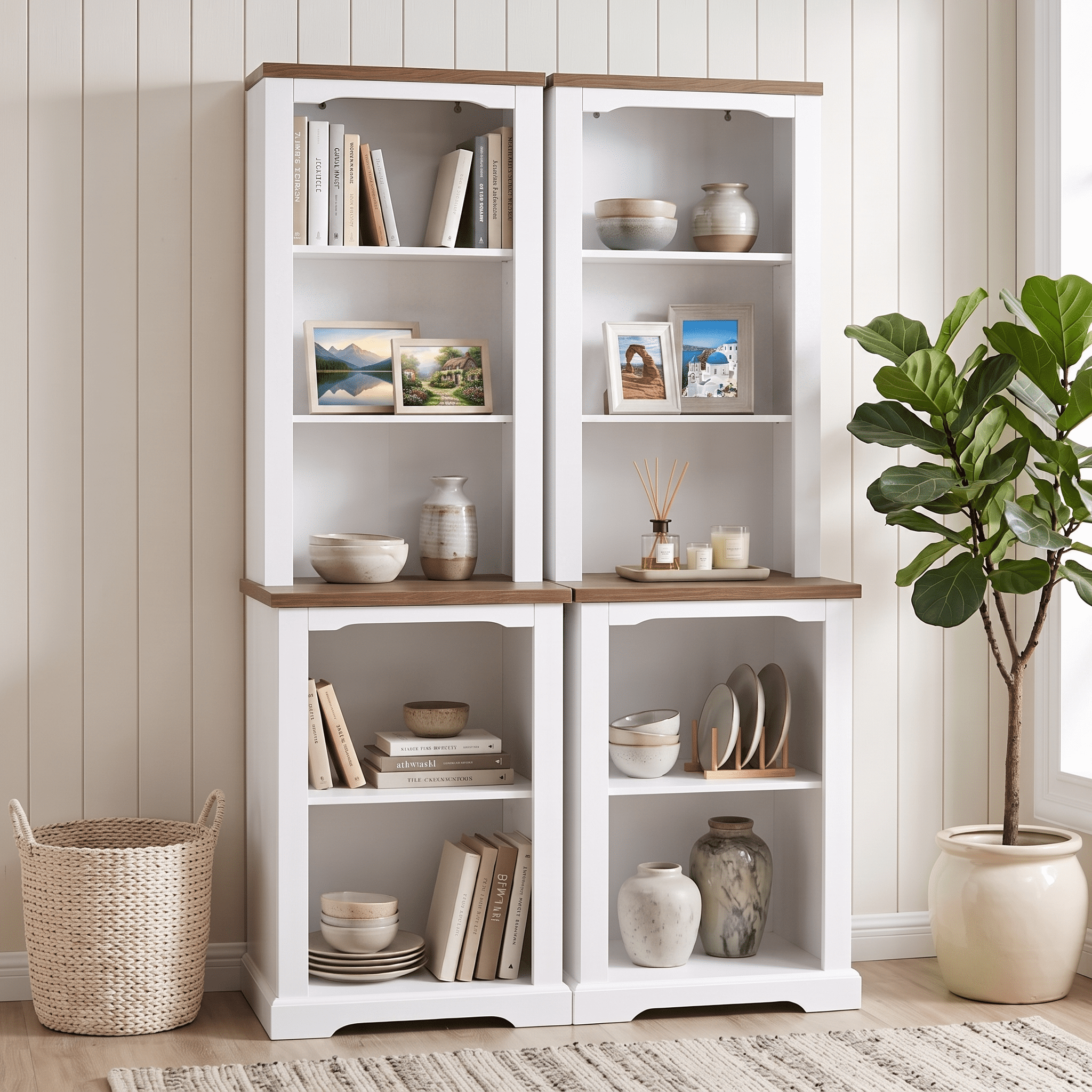 Homy Casa 66 Inch 2 Piece Storage Cabinet Set with Open Shelves and Walnut Top for Living Room White