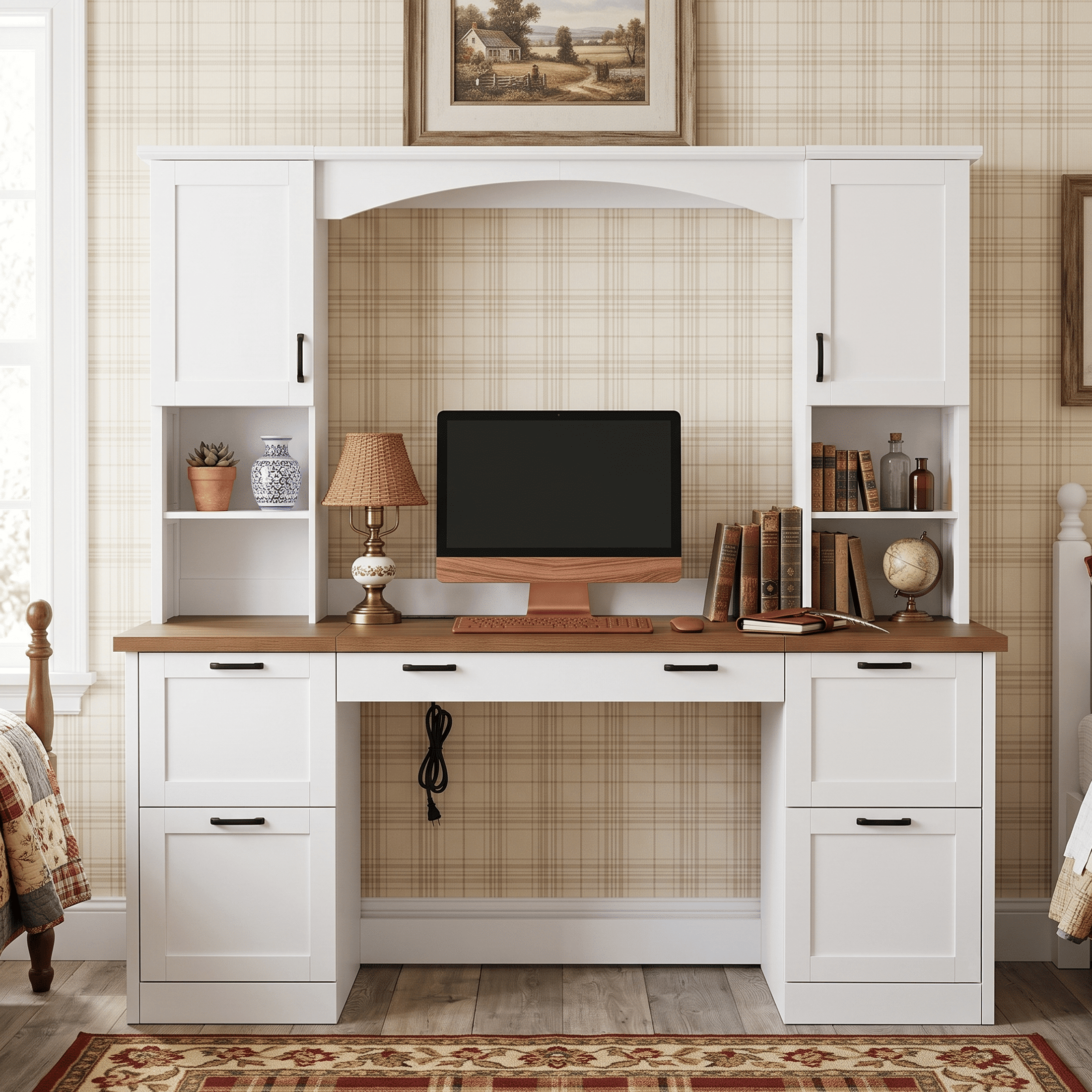 Homy Casa 67.5" Farmhouse Computer Desk with Hutch, Charging Station and File Drawer, White Walnut