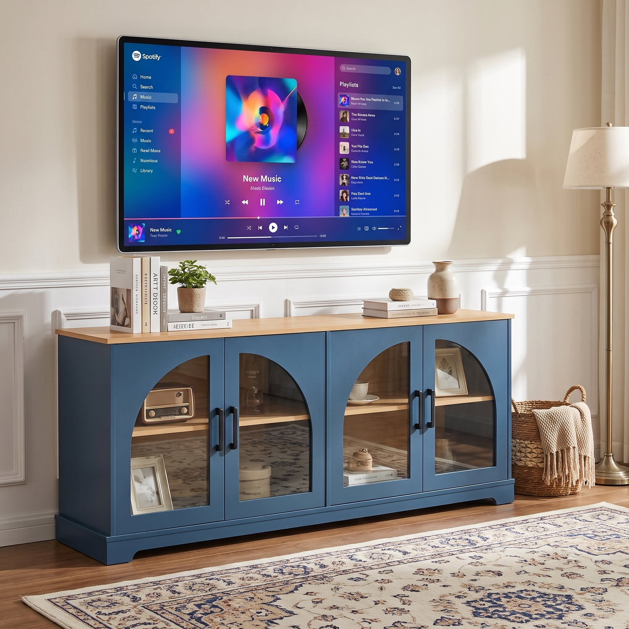Homy Casa 67" TV Stand Media Console for TVs up to 70", Arched Glass Doors, Adjustable Shelves, Blue