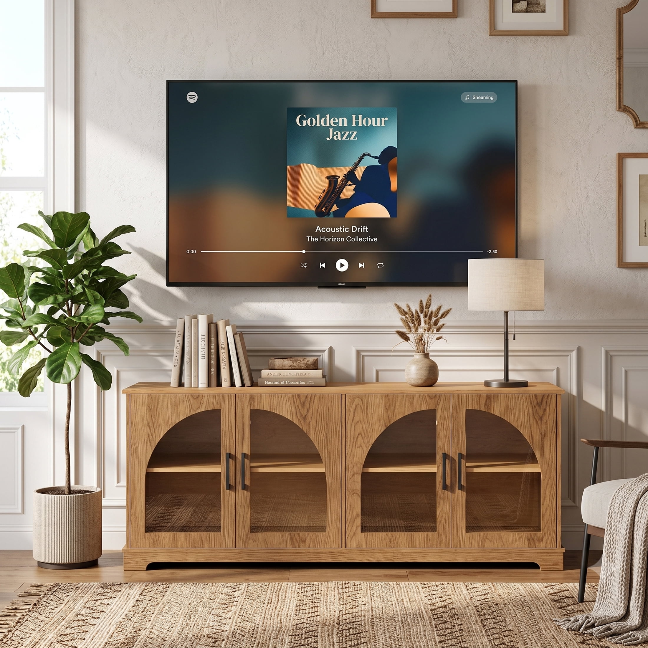 Homy Casa 67" Two-Tone TV Stand for TVs up to 70", Tempered Glass Doors and Storage Cabinet, Brown