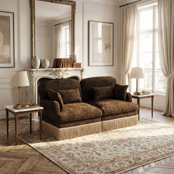 Homy Casa 69.2" Leopard Pattern Loveseat Sofa with Fringe Trim, Upholstered Accent Couch with Pillows