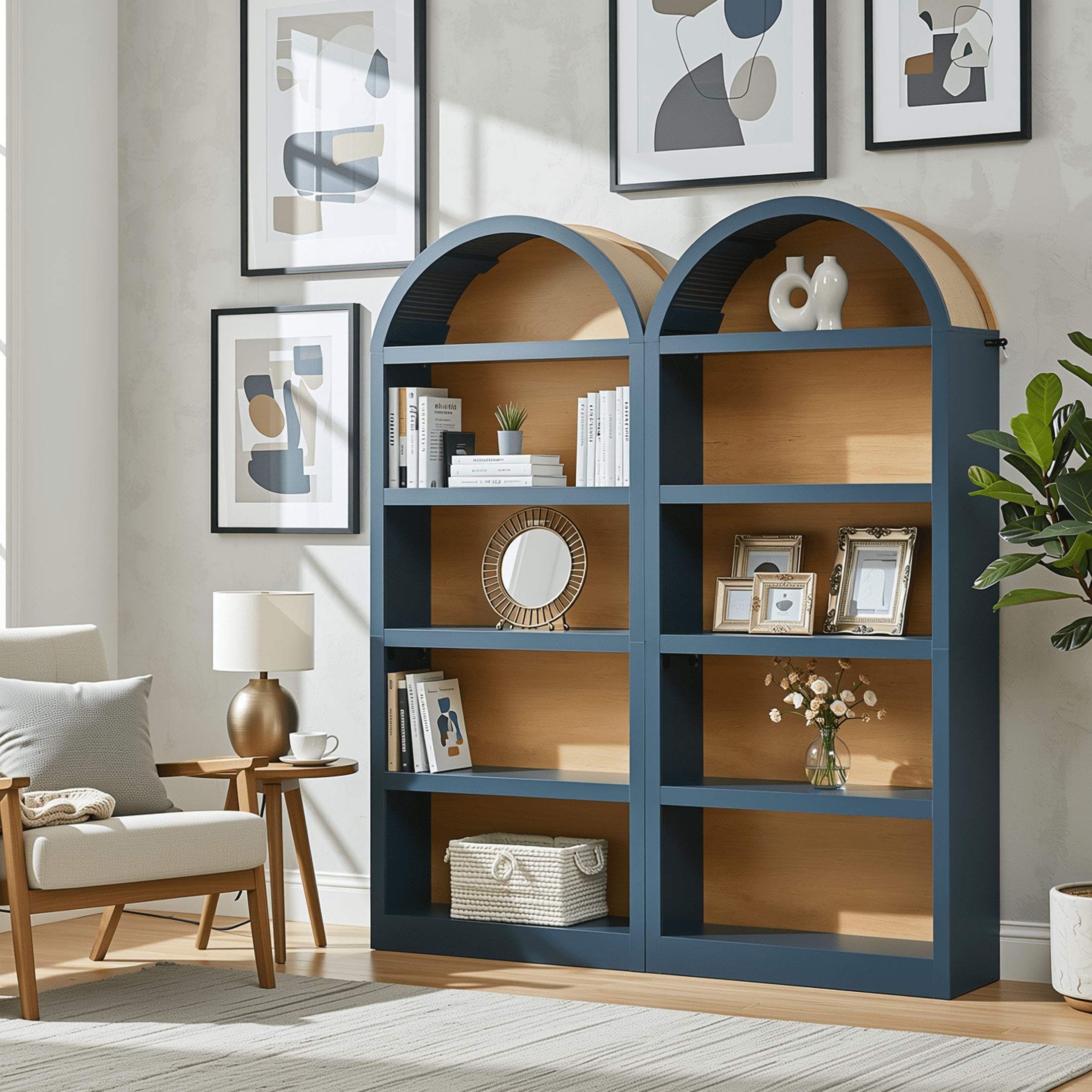 Homy Casa 69" Arched Bookcase Set of 2, Two-Tone 4-Shelf Open Bookshelves for Living Room, Navy Blue