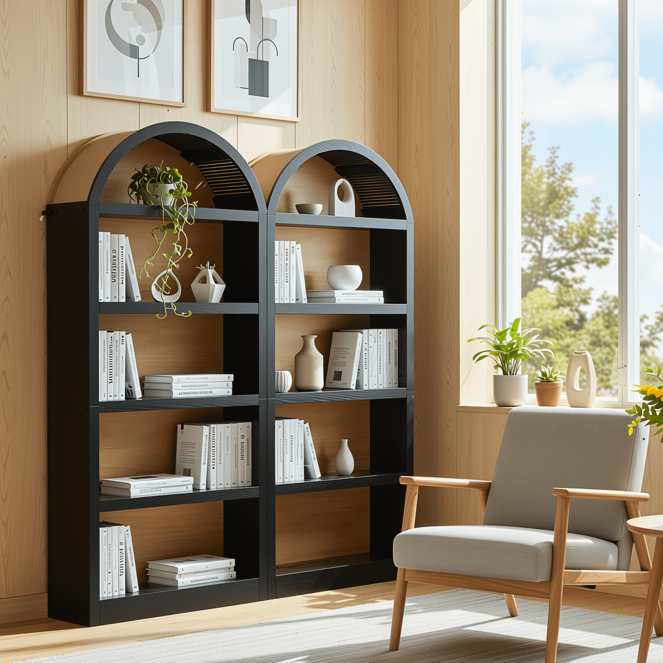 Homy Casa 69" Tall Arched Bookcase Set of 2, 4-Shelf Open Display Bookshelves for Home Office, Black
