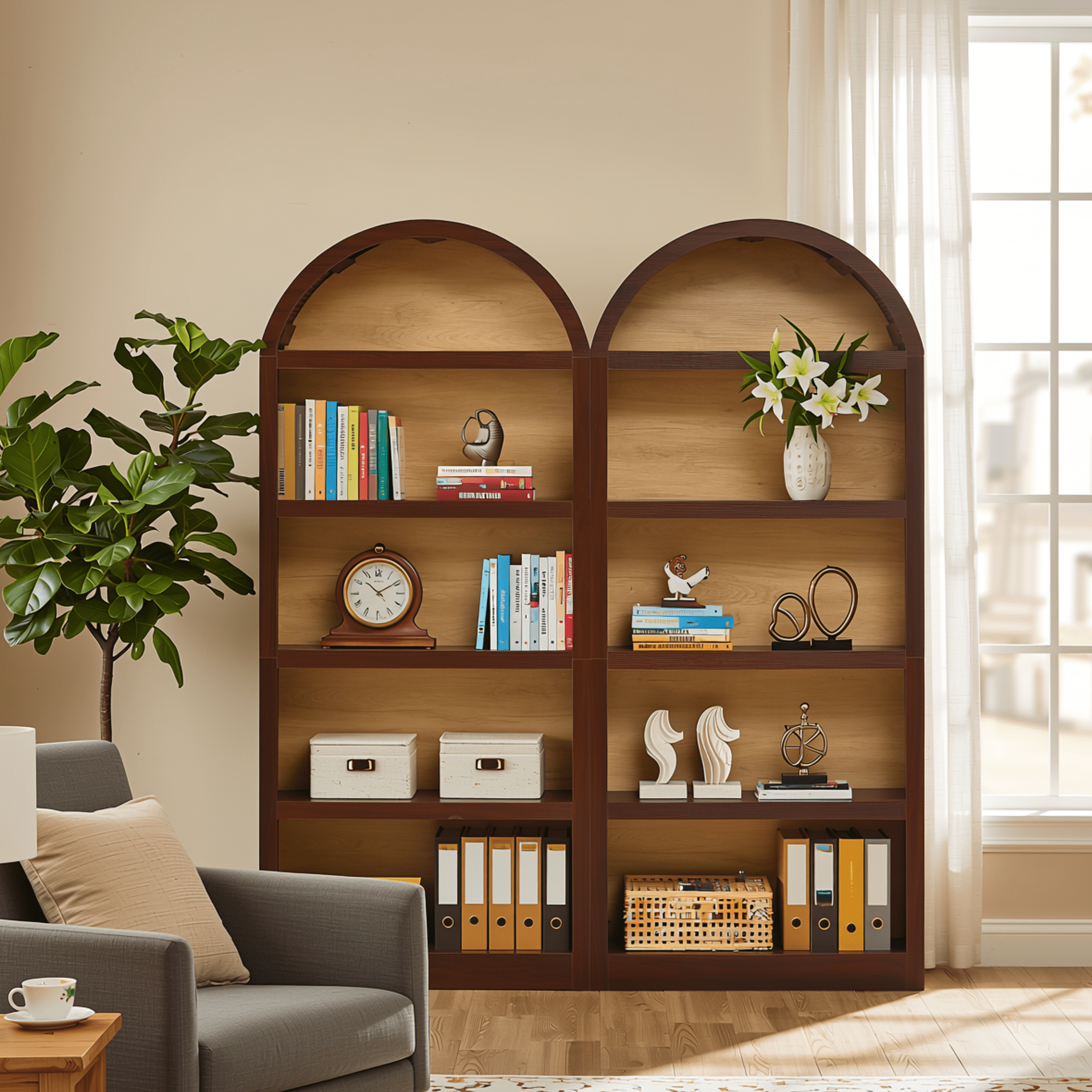 Homy Casa 69" Tall Arched Bookcase Set of 2, Two-Tone 4-Shelf Bookshelves for Living Room, Walnut