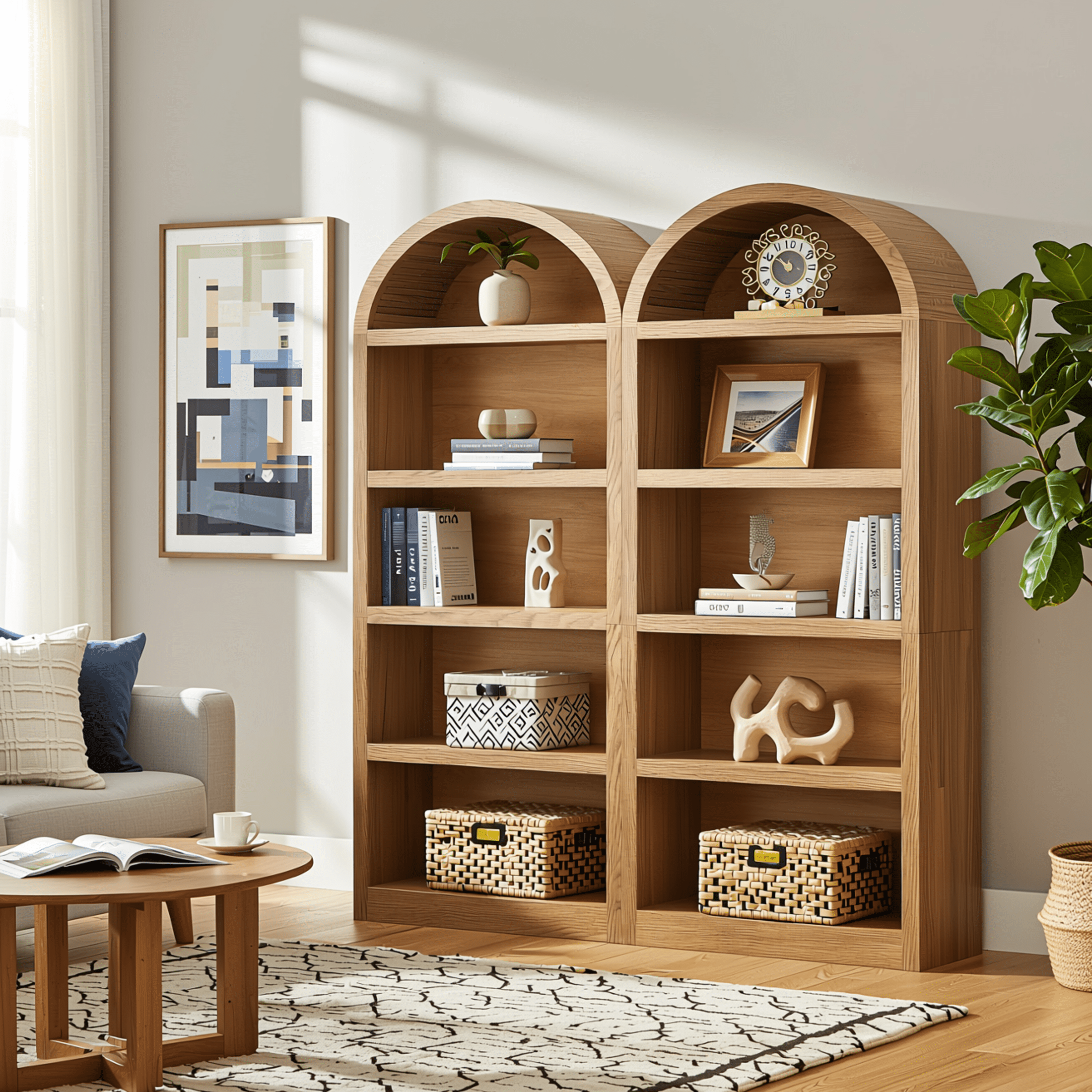 Homy Casa 69" Tall Arched Bookcase Set of 2, Wood Grain 4-Shelf Display Bookshelves, Natural